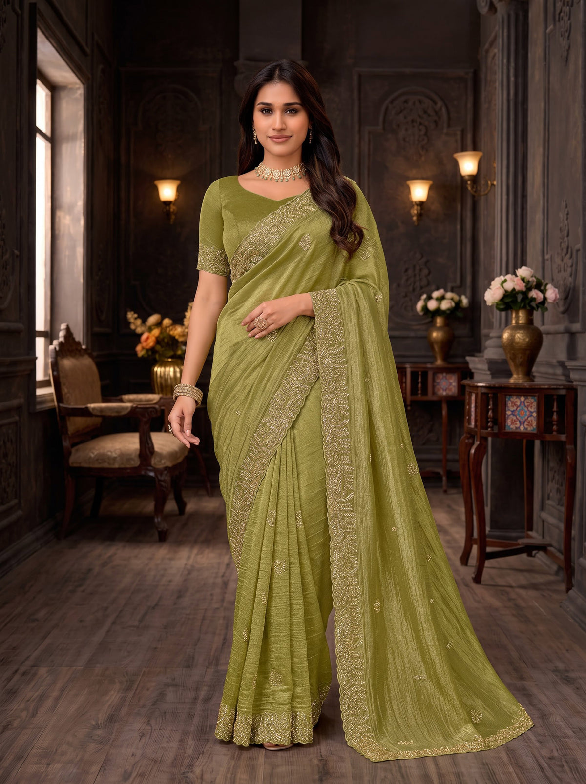 Green embroidered chiffon saree daily wear