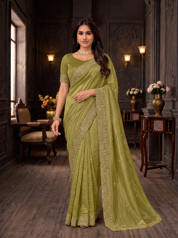 Green embroidered chiffon saree daily wear