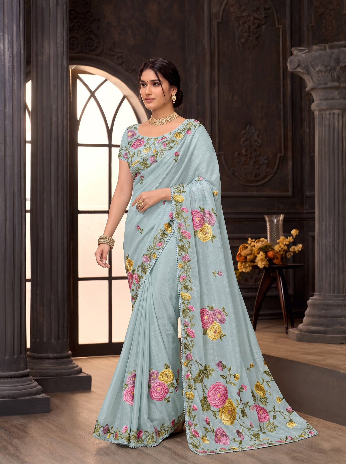Blue embroidered tissue organza saree ethnic wear