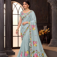 Blue embroidered tissue organza saree ethnic wear