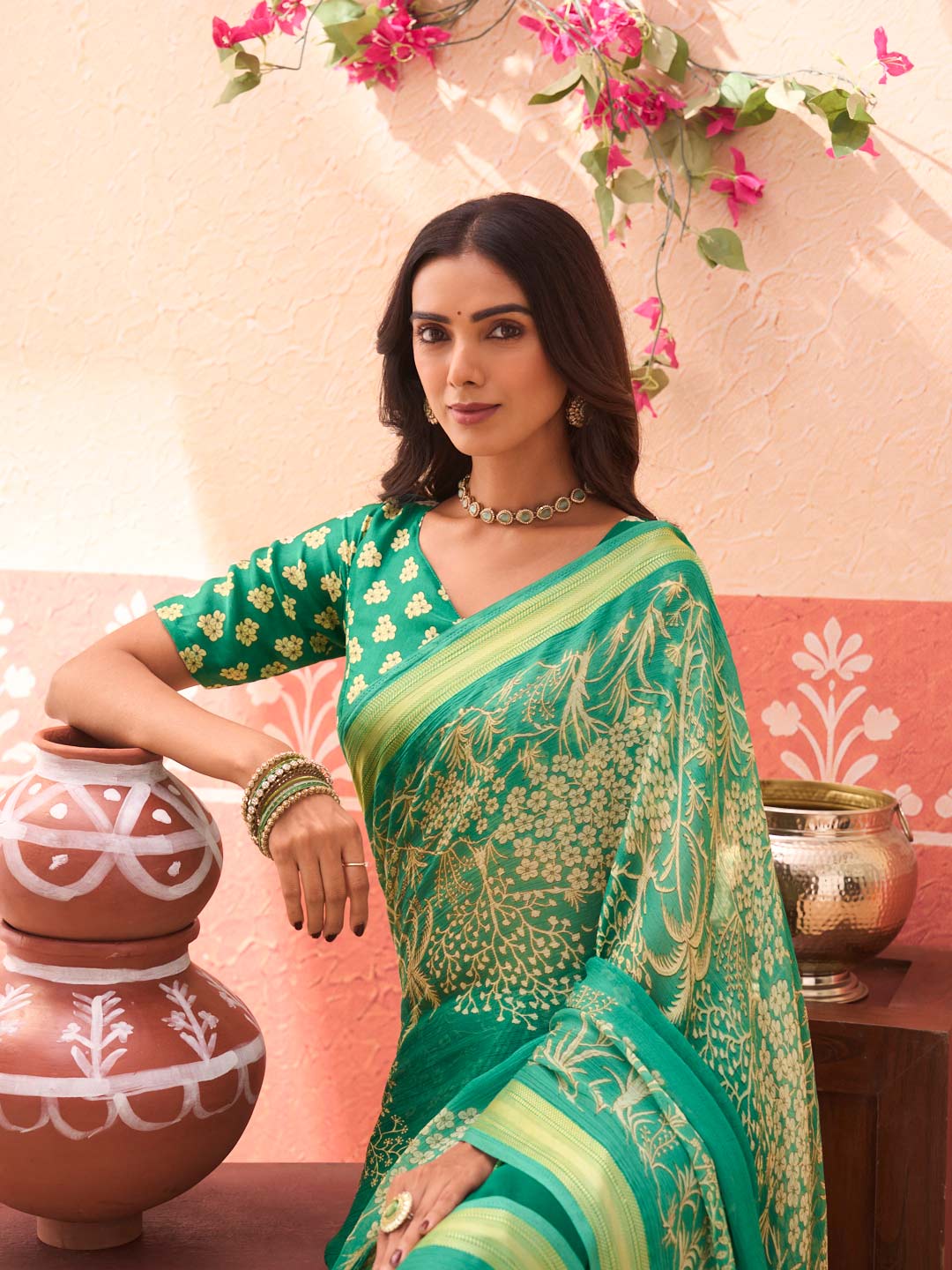 Green floral printed chiffon saree wedding wear
