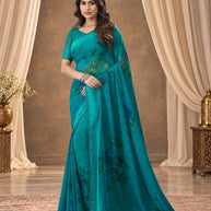 Blue printed georgette saree festive wear