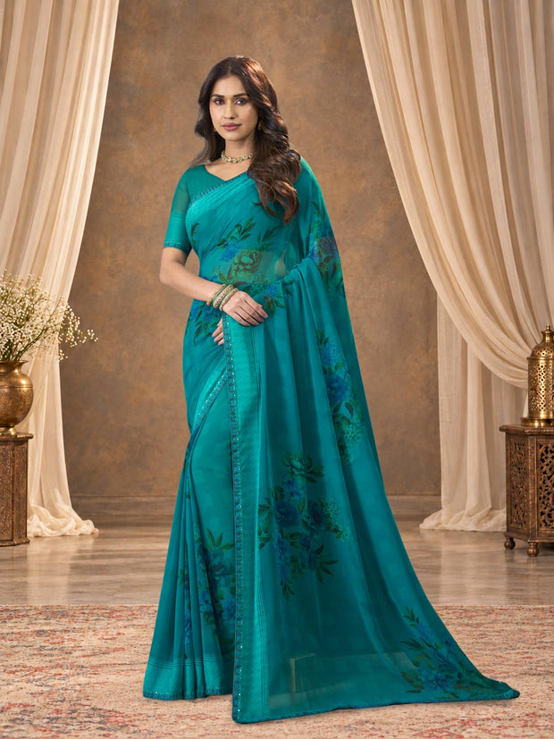 Blue printed georgette saree festive wear