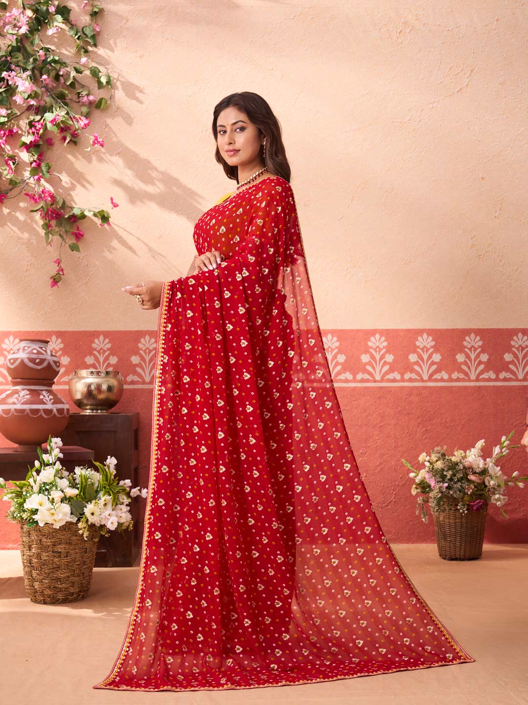 Red bandhani printed georgette saree festive wear
