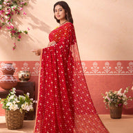 Red bandhani printed georgette saree festive wear