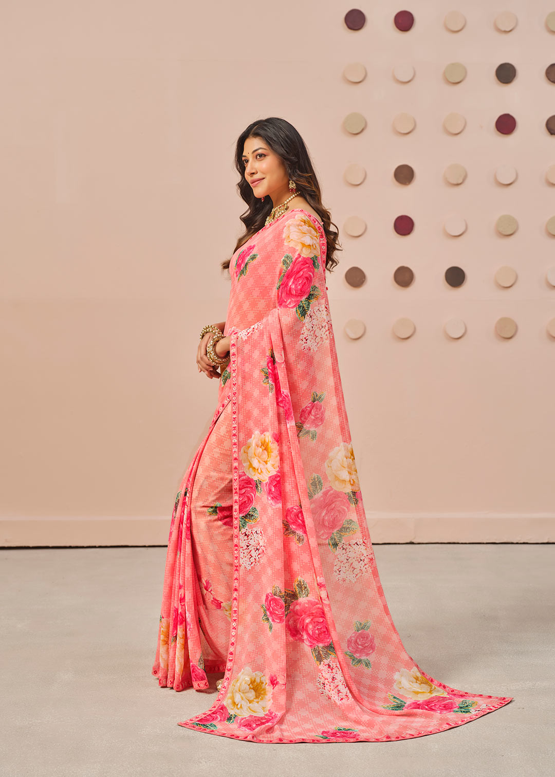 Pink floral printed georgette saree festive wear