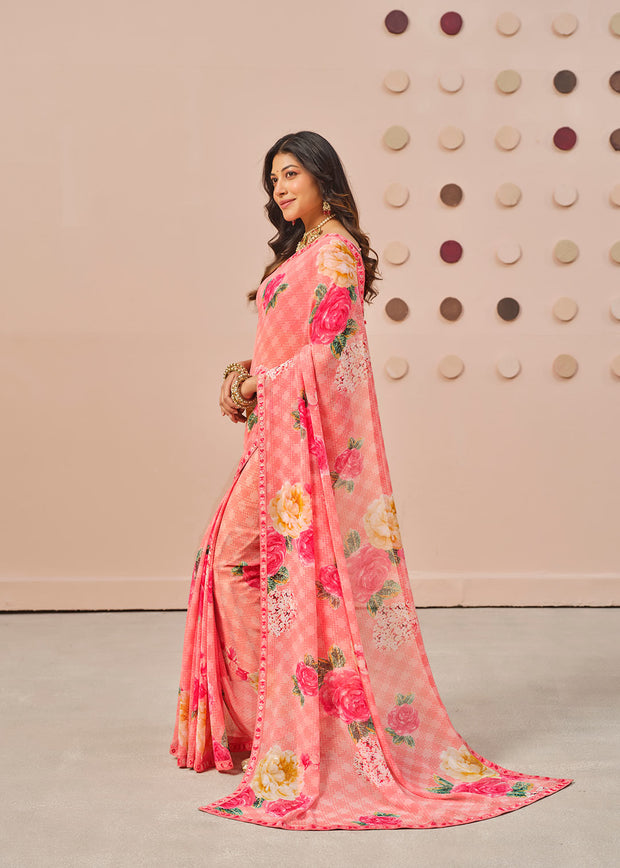 Pink floral printed georgette saree festive wear
