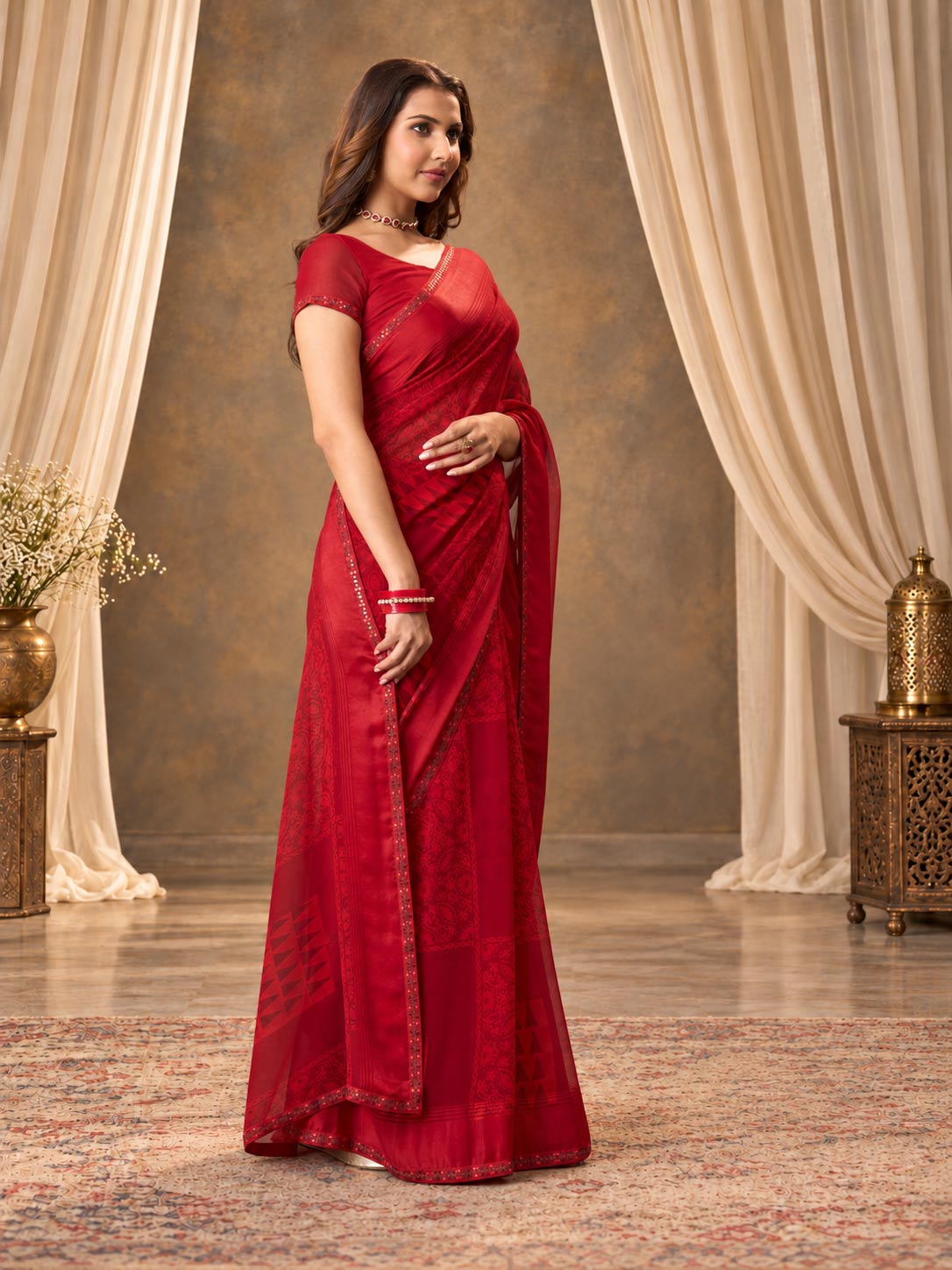 Red geometric printed georgette saree casual wear