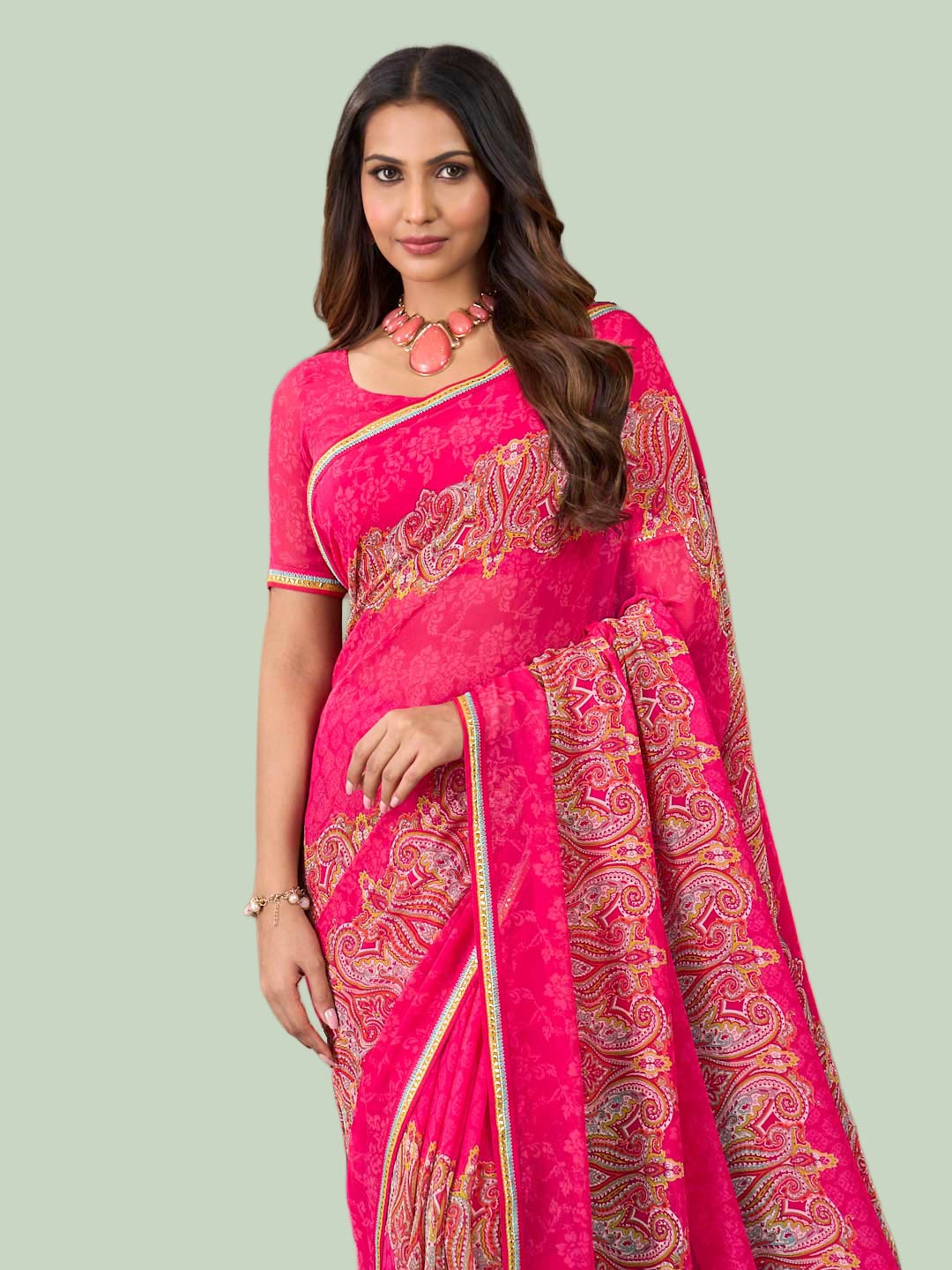 Laxmipati Rudramala Pink Georgette Floral Printed Saree