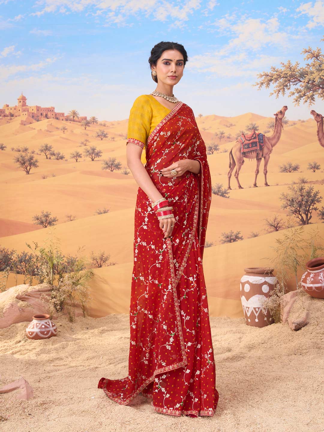 Red bandhani printed georgette saree casual wear