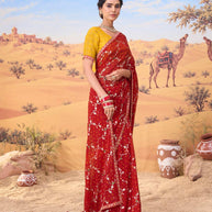 Red bandhani printed georgette saree casual wear