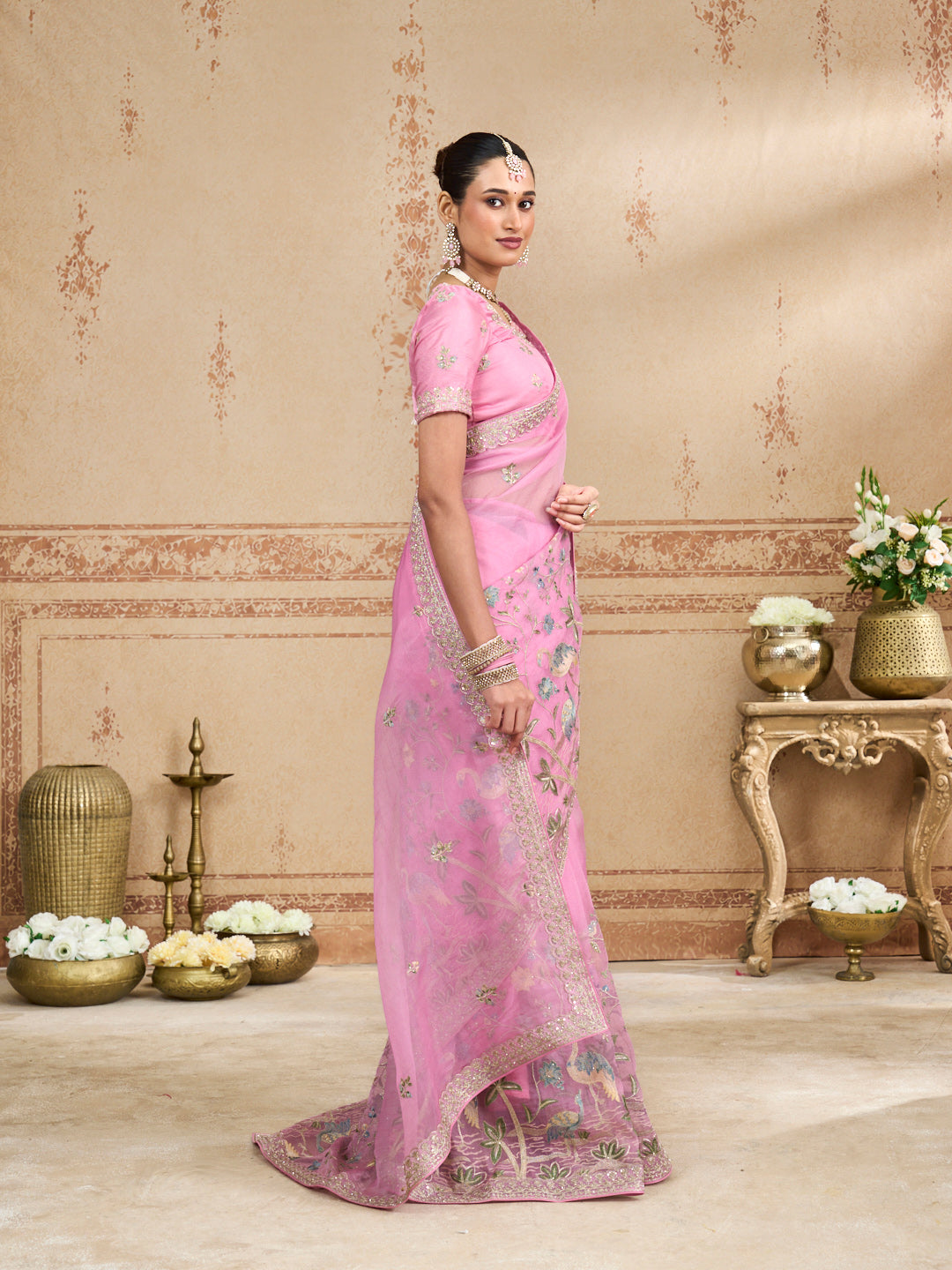 Pink embroidered chiffon saree wedding wear