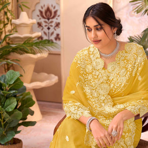 Yellow embroidered chiffon saree daily wear