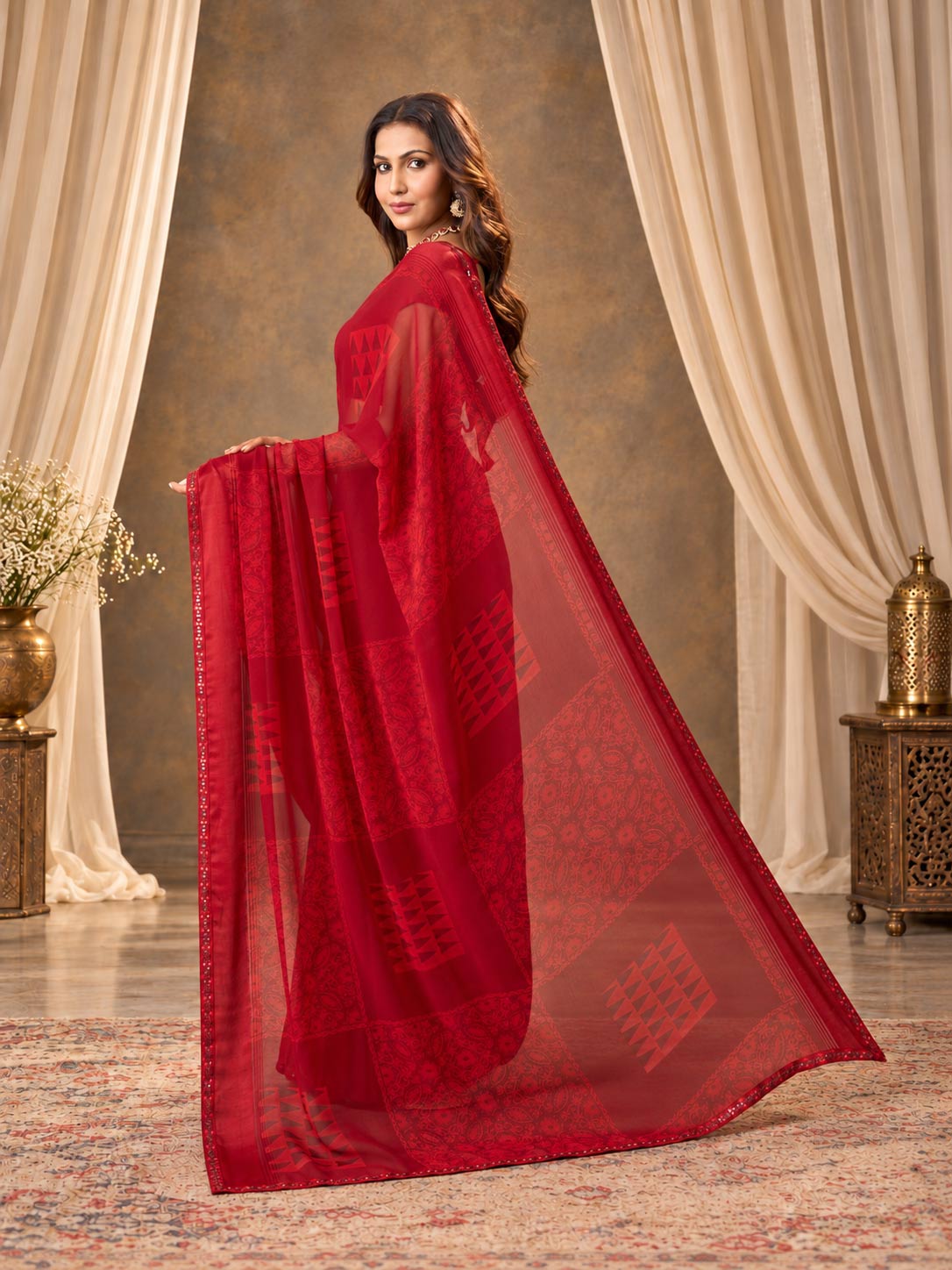Red geometric printed georgette saree daily wear