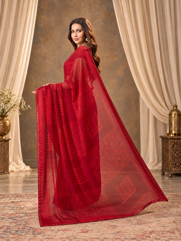Red geometric printed georgette saree daily wear