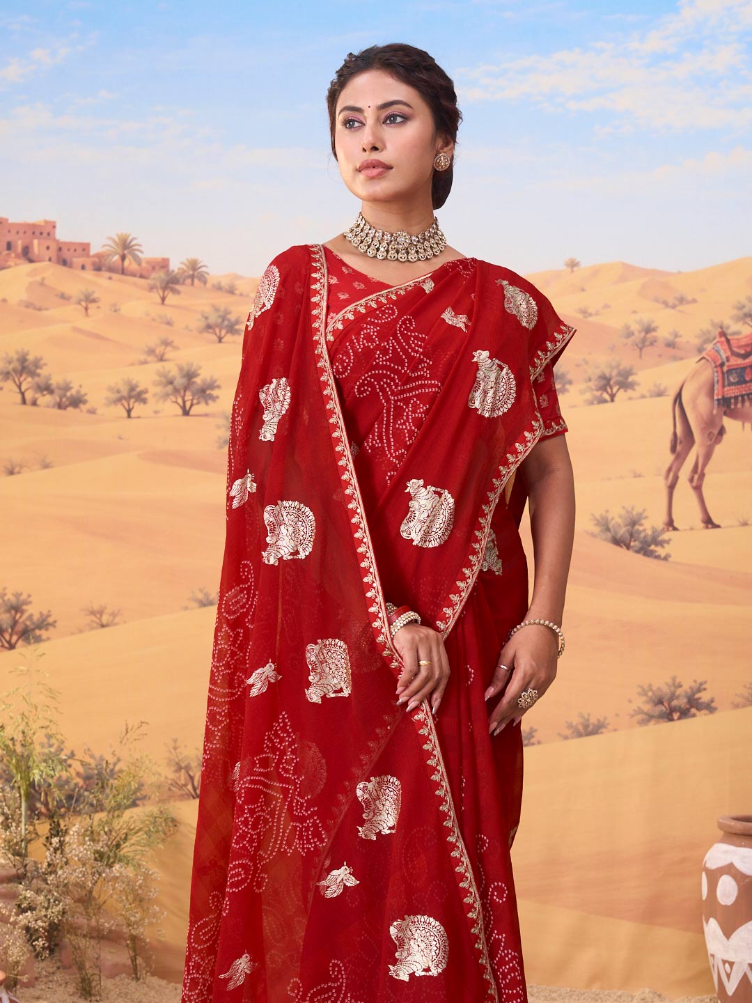 Red bandhani printed georgette saree wedding wear