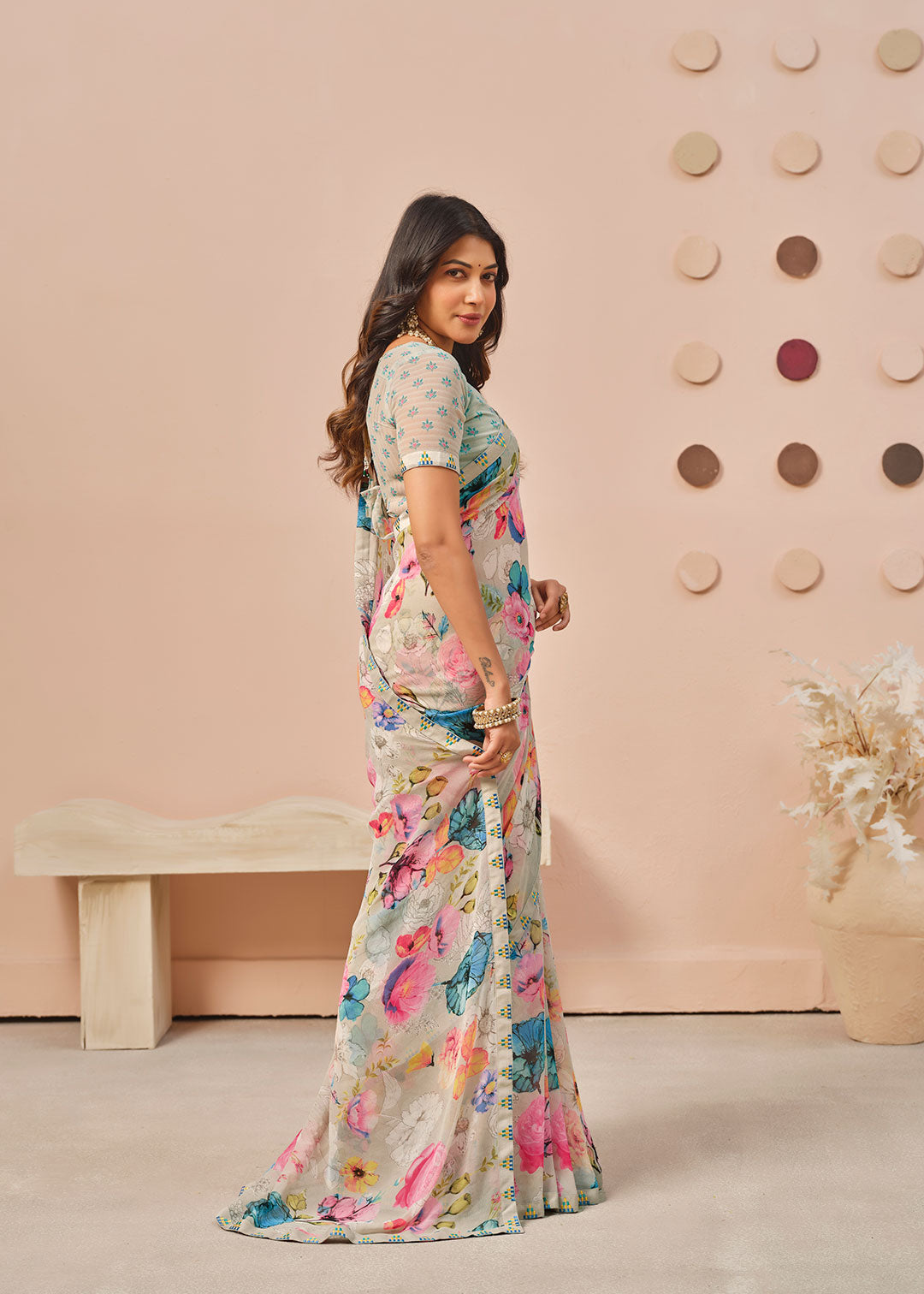 Grey floral printed georgette saree festive wear