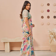Grey floral printed georgette saree festive wear