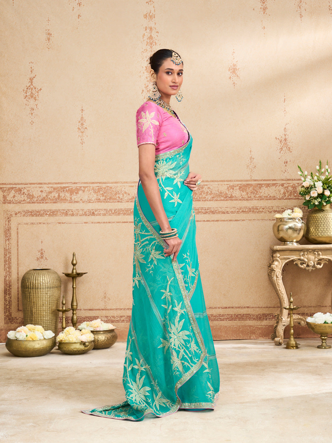 Blue work chiffon saree wedding wear