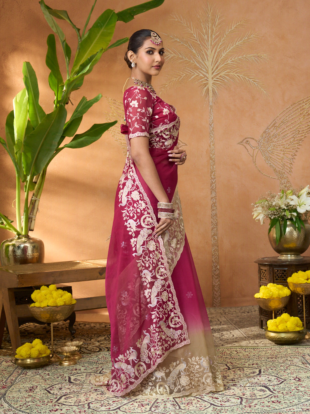 purple embroidered tissue organza saree daily wear