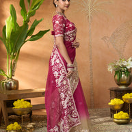 purple embroidered tissue organza saree daily wear