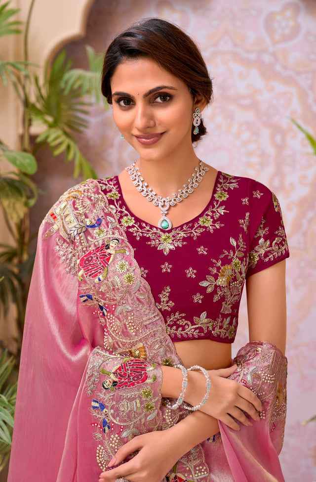 Pink embroidered chiffon saree party wear
