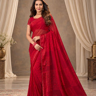 Red geometric printed georgette saree festive wear