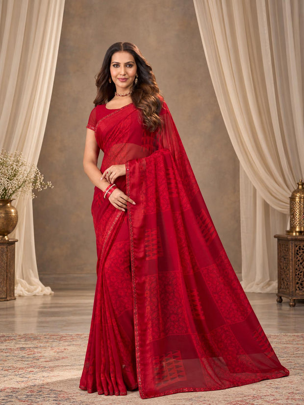 Red geometric printed georgette saree festive wear