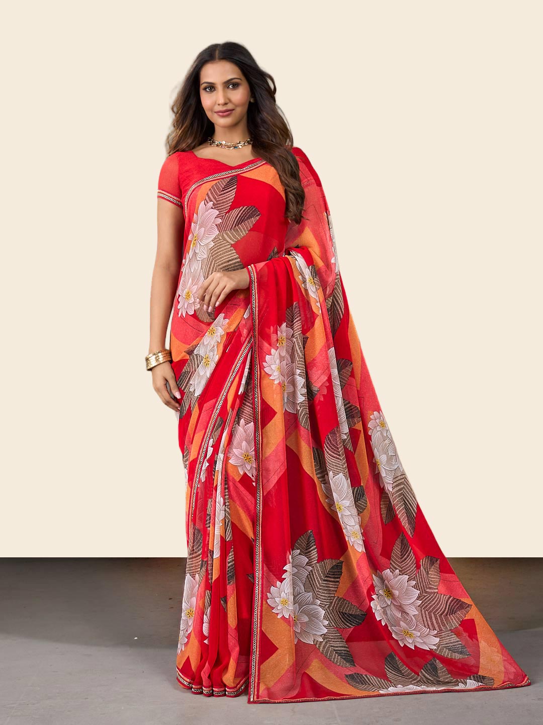 Laxmipati Rudramala Orange Georgette Floral Printed Saree