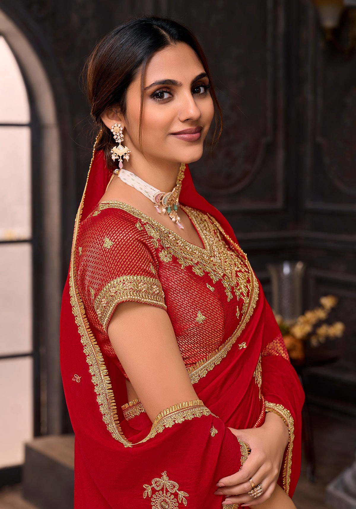 Red embroidered silk blend saree daily wear