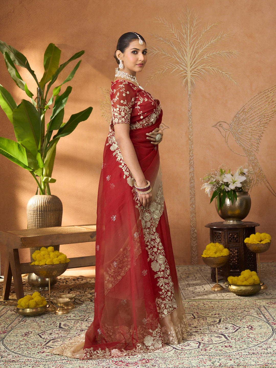 Red floral embroidered tissue organza saree casual wear