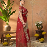 Red floral embroidered tissue organza saree casual wear