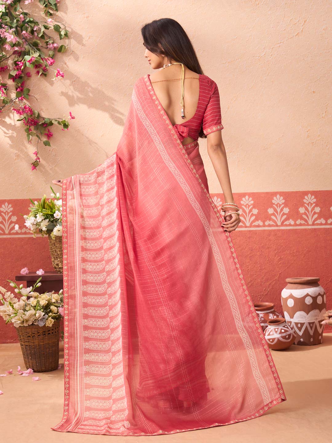 Orange floral printed chiffon saree festive wear