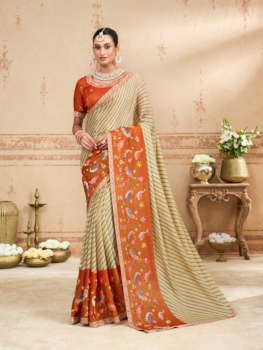 Yellow embroidered silk blend saree festive wear
