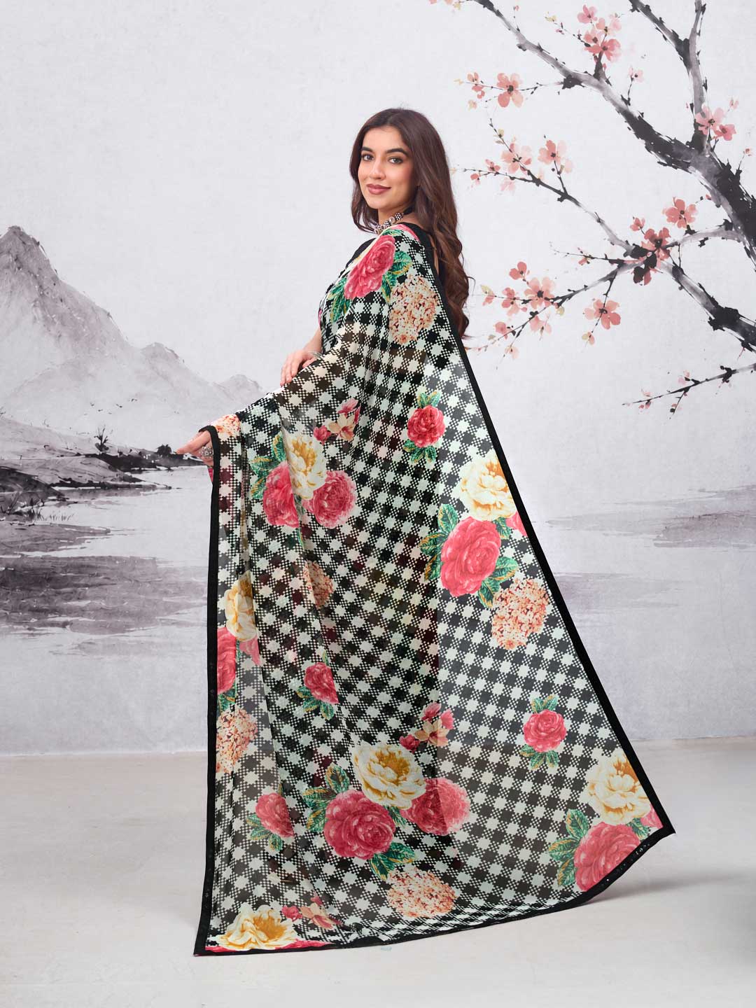 Black printed georgette saree daily wear