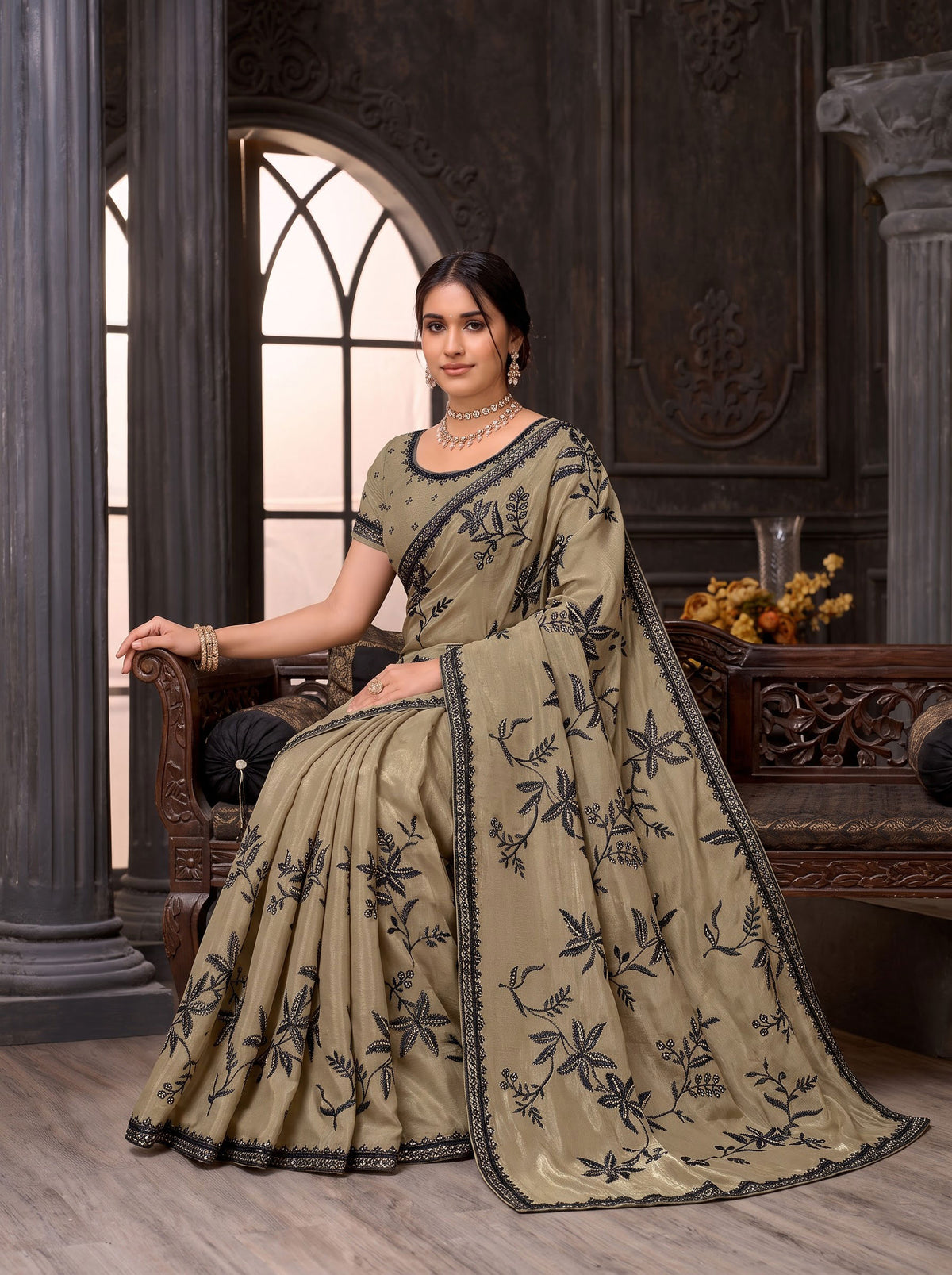 brown organza saree