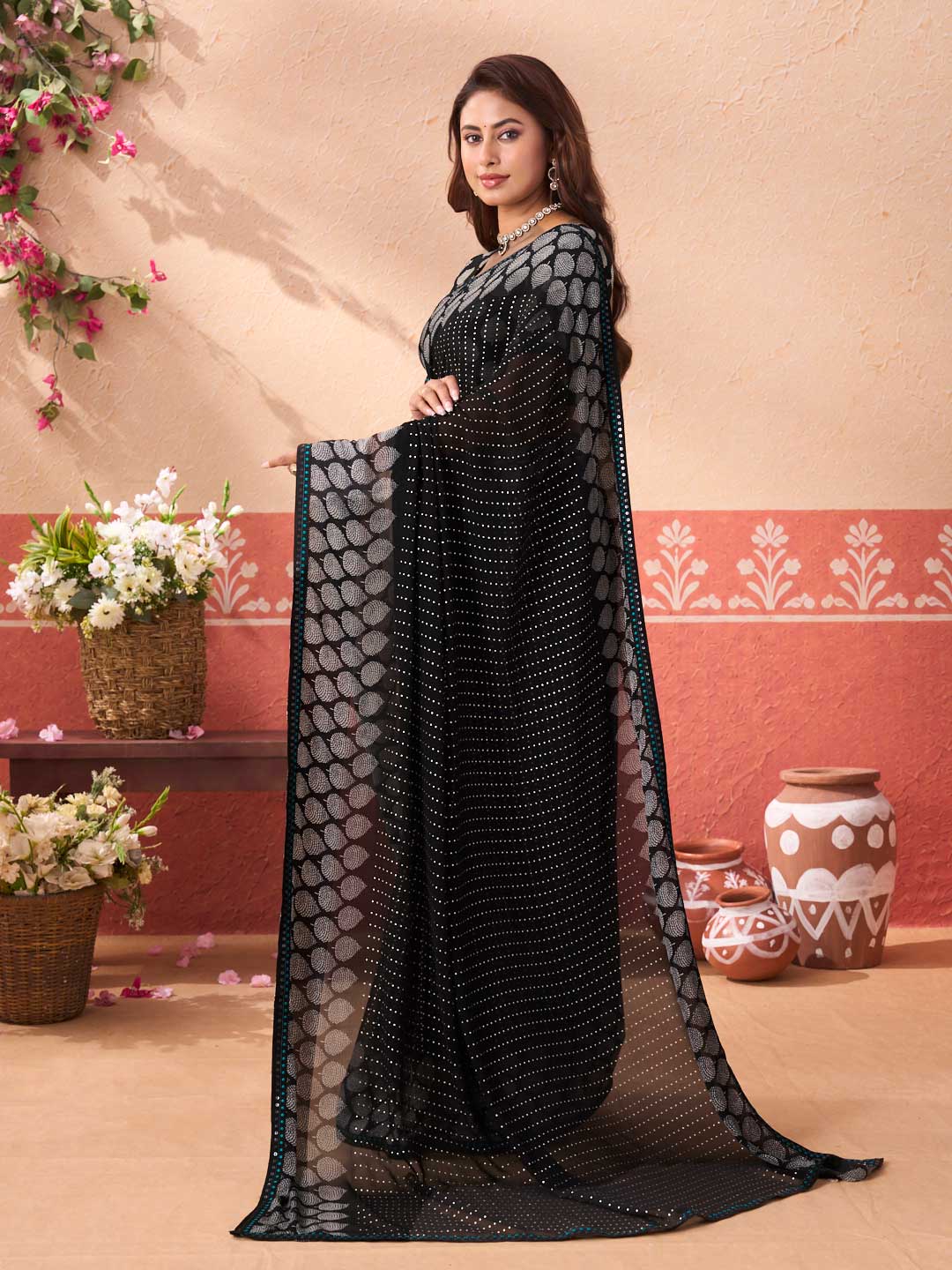 Black geometric printed georgette saree daily wear