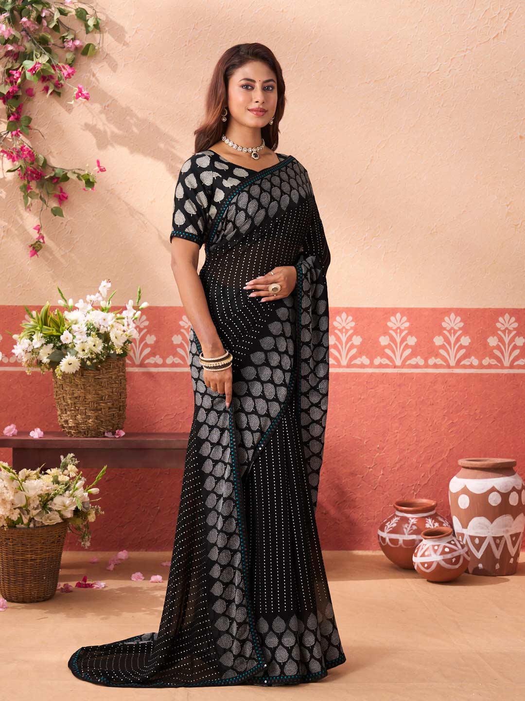 Black geometric printed georgette saree casual wear