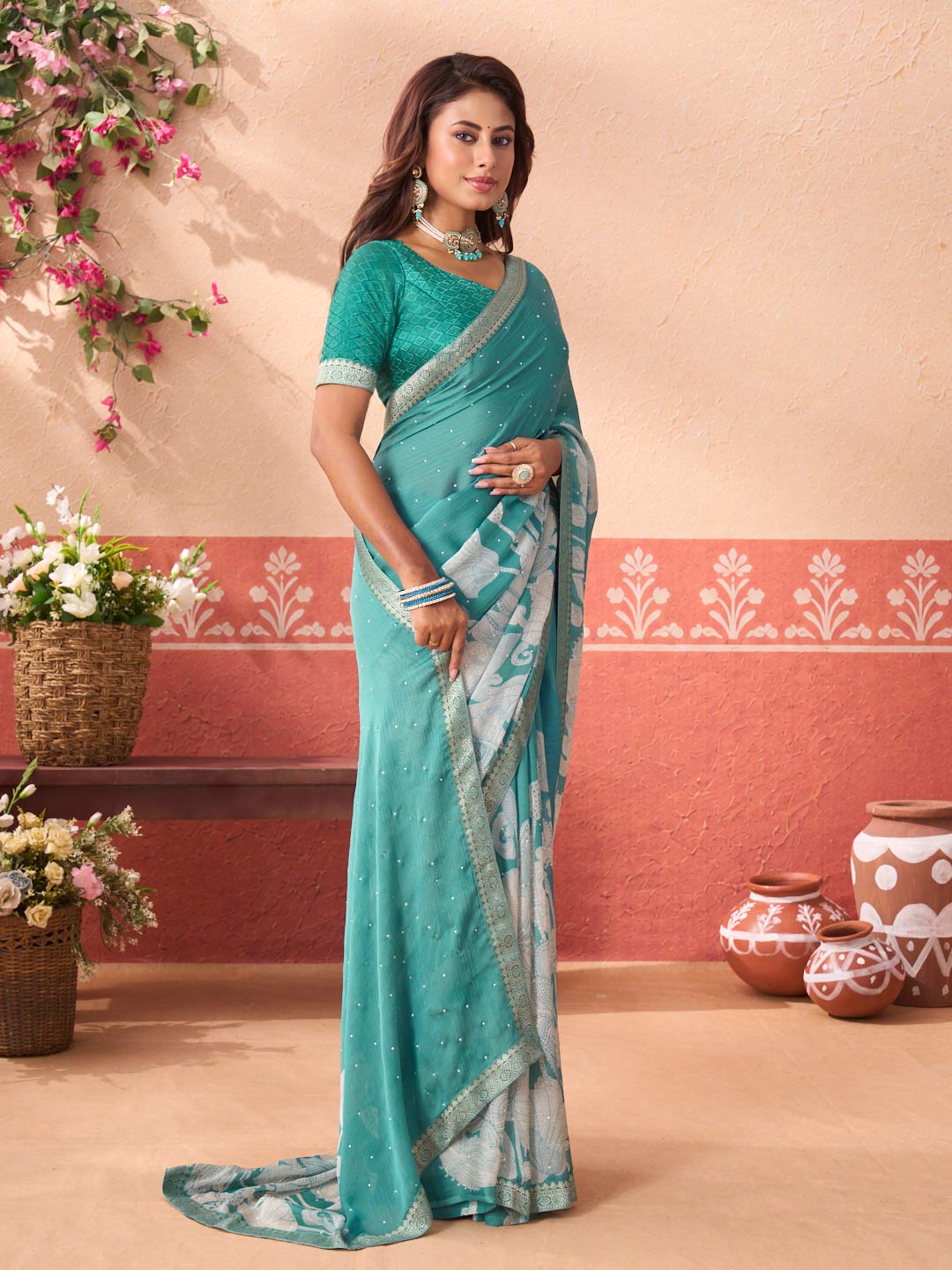 Blue floral printed silk blend saree casual wear