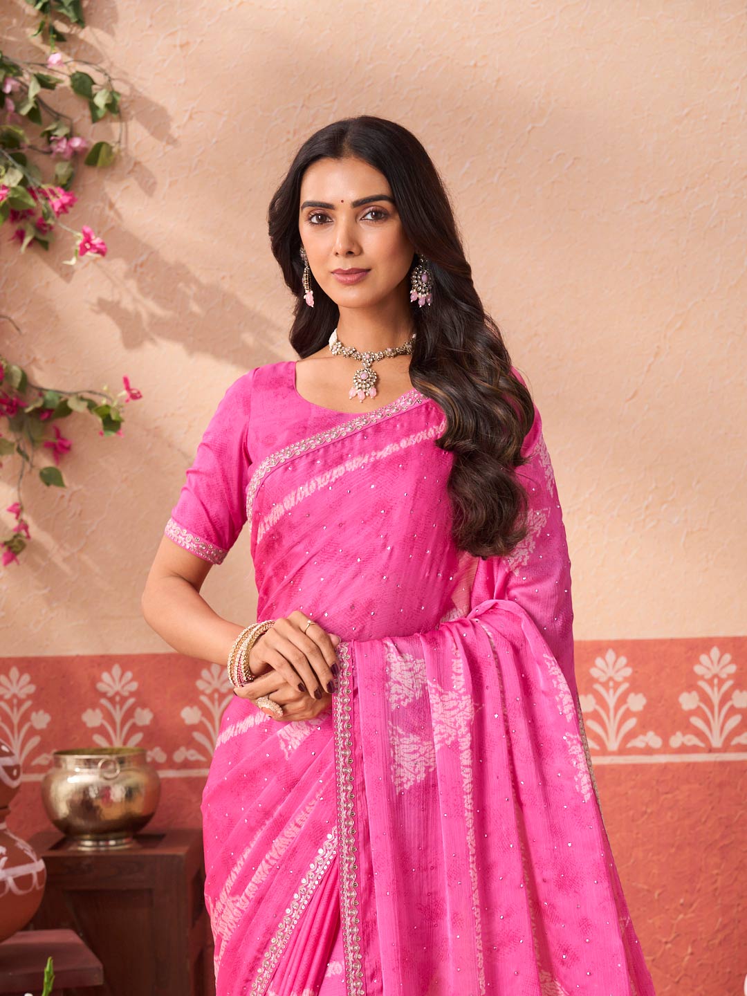 Pink printed silk blend saree wedding wear