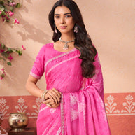 Pink printed silk blend saree wedding wear