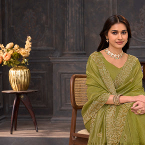 Green embroidered chiffon saree party wear