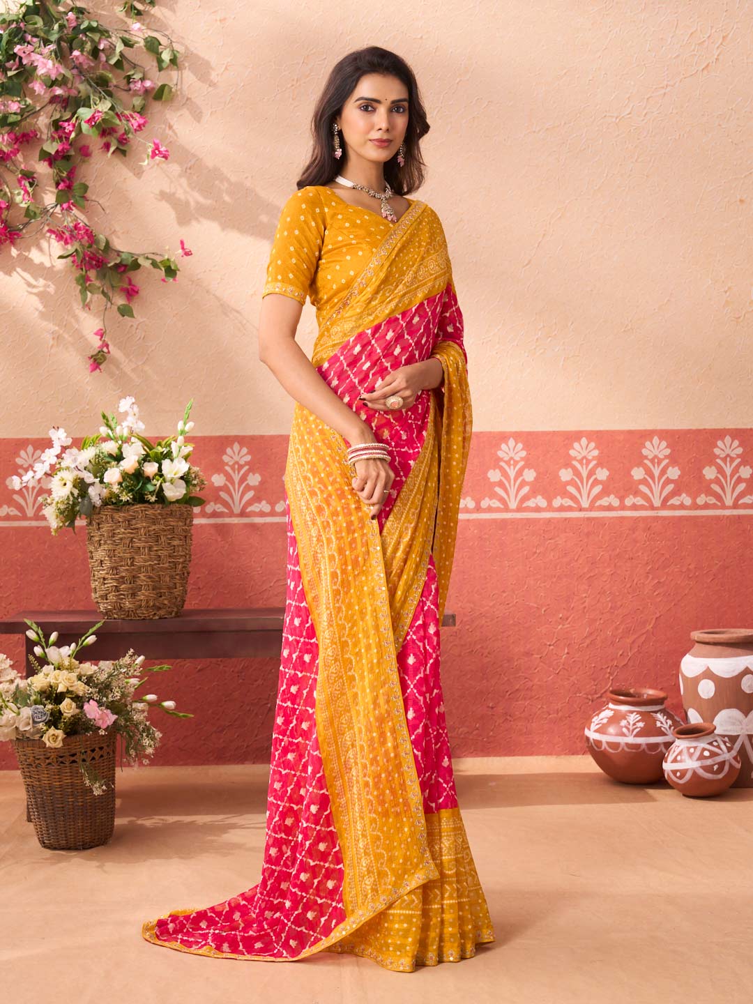 Pink geometric printed chiffon saree daily wear