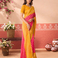 Pink geometric printed chiffon saree daily wear