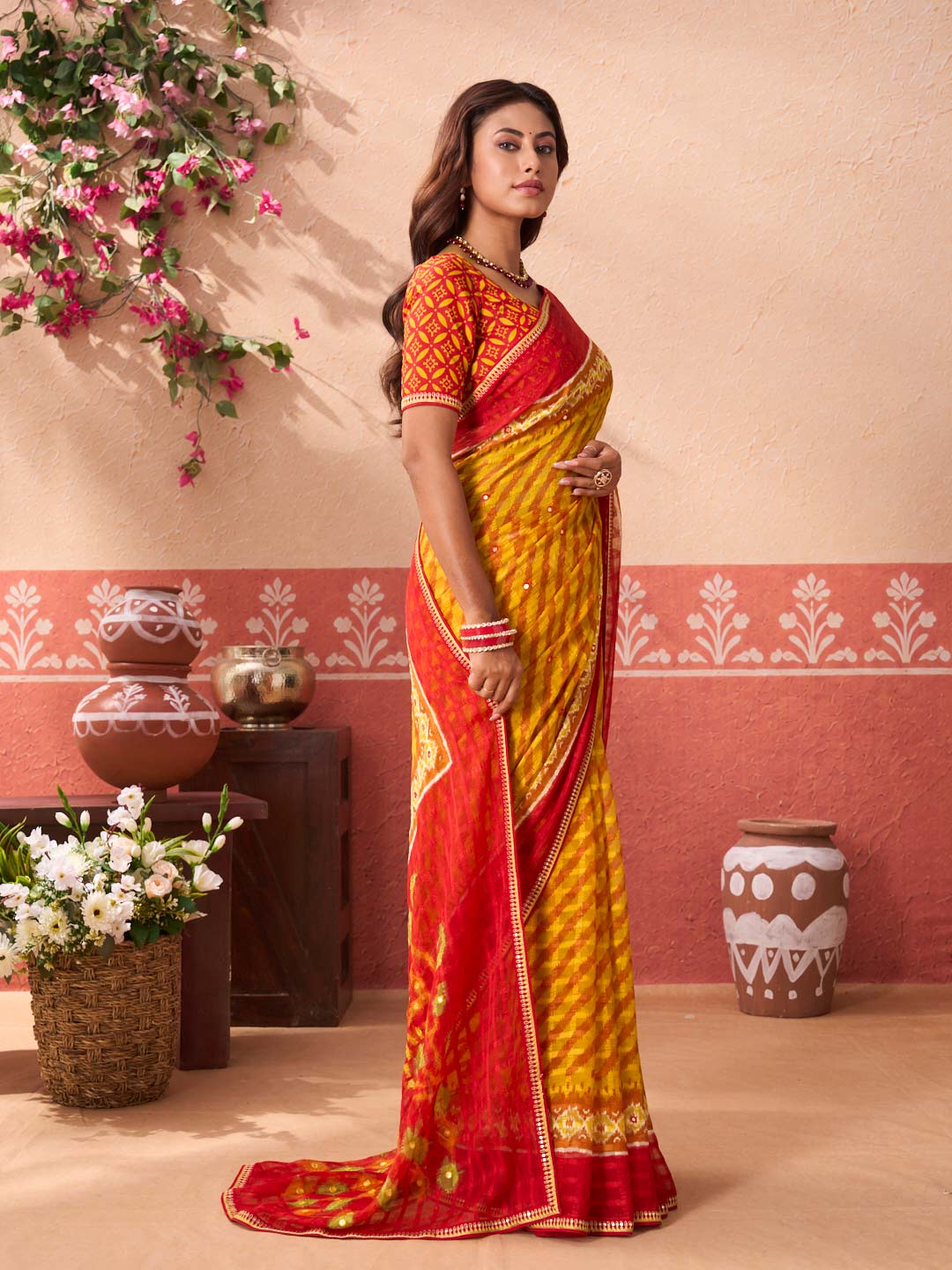 Mustard floral printed chiffon saree casual wear