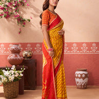 Mustard floral printed chiffon saree casual wear