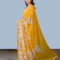 Laxmipati Rudramala Yellow Georgette Floral Printed Saree