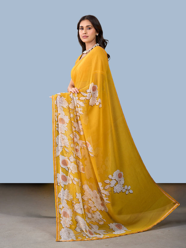Laxmipati Rudramala Yellow Georgette Floral Printed Saree