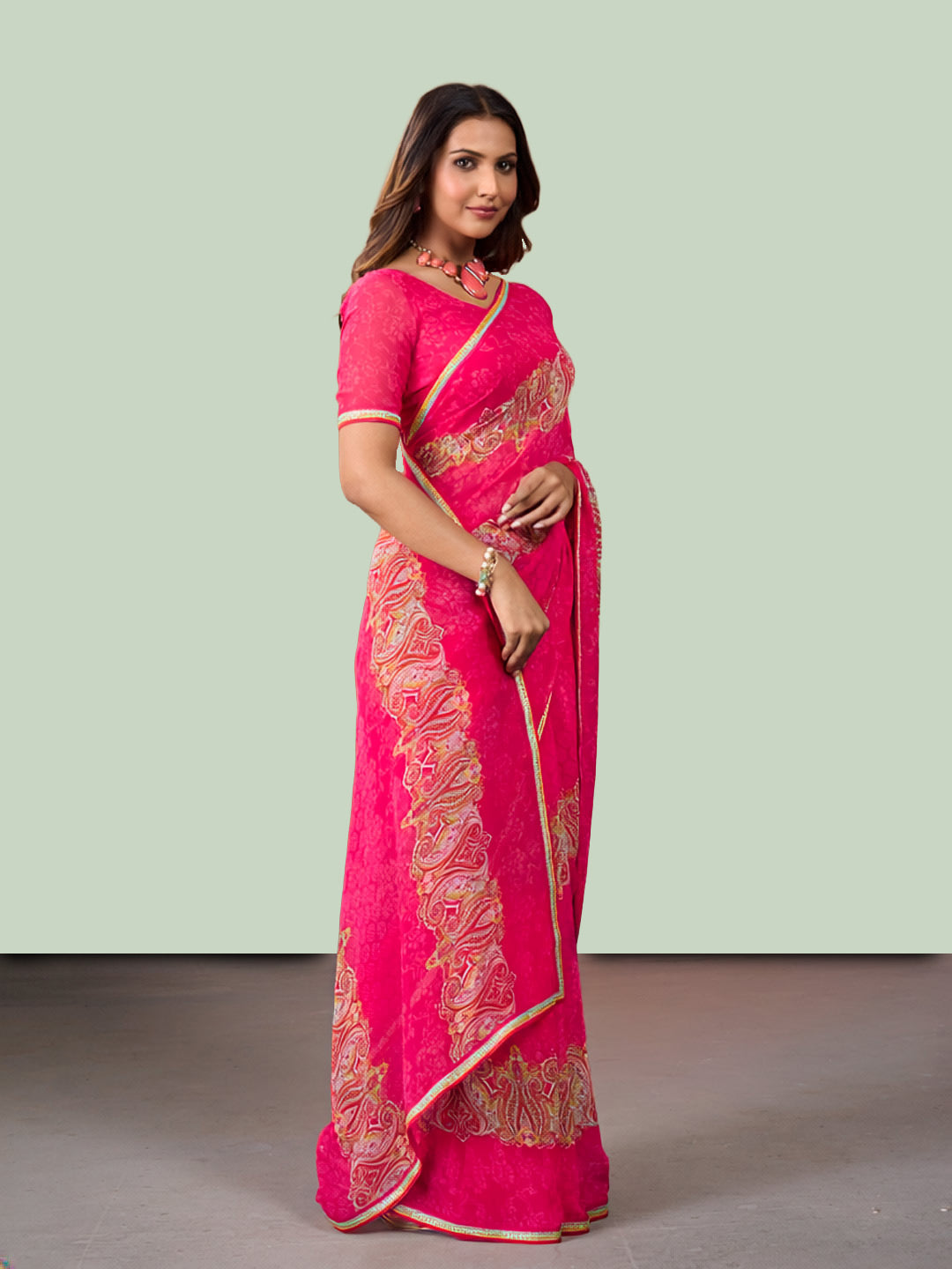 Laxmipati Rudramala Pink Georgette Floral Printed Saree