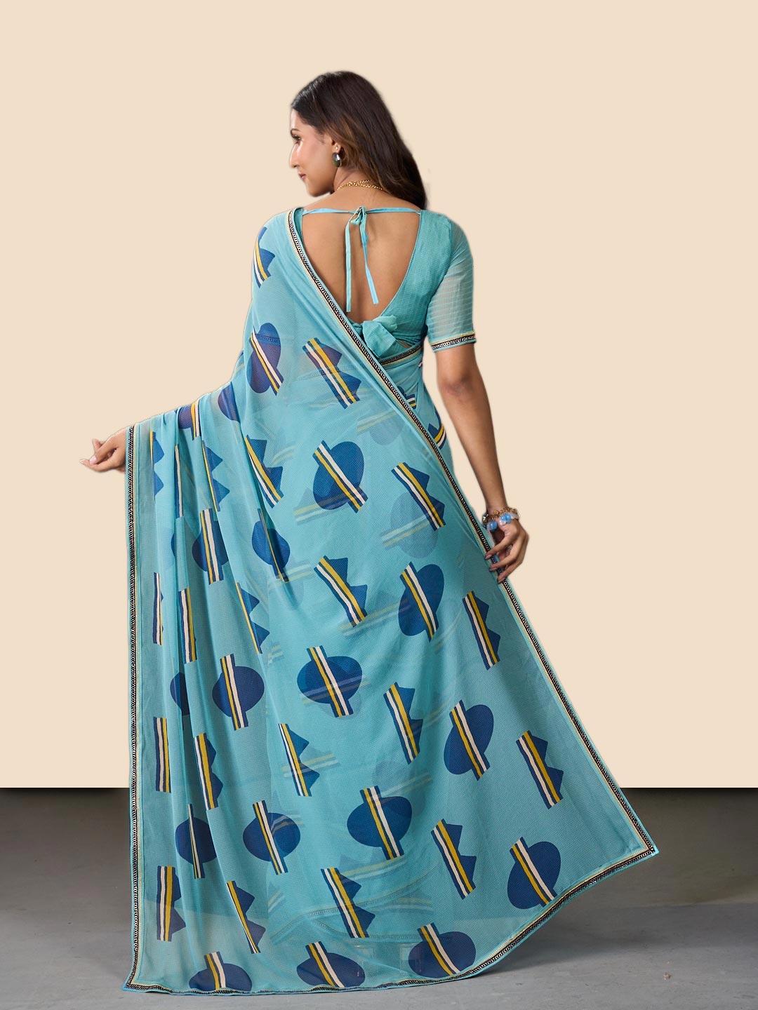 Laxmipati Rudramala Blue Georgette Geometric Printed Saree